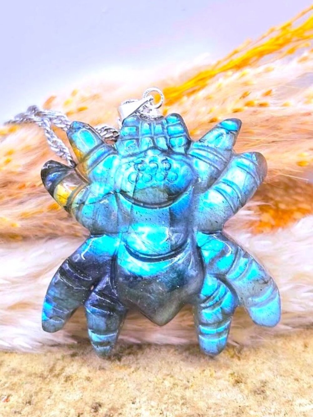 Labradorite Spider Pendant • 1.2" Spider Carving • Strong Flash Crystal Neckace